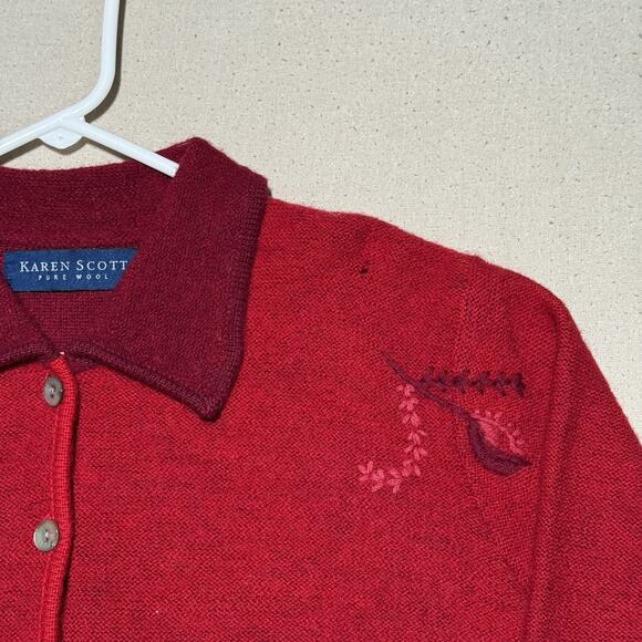 KAREN SCOTT Holiday Cardigan 100% Pure Wool Red Embroidered Sweater Jacket Sz M - Picture 11 of 11